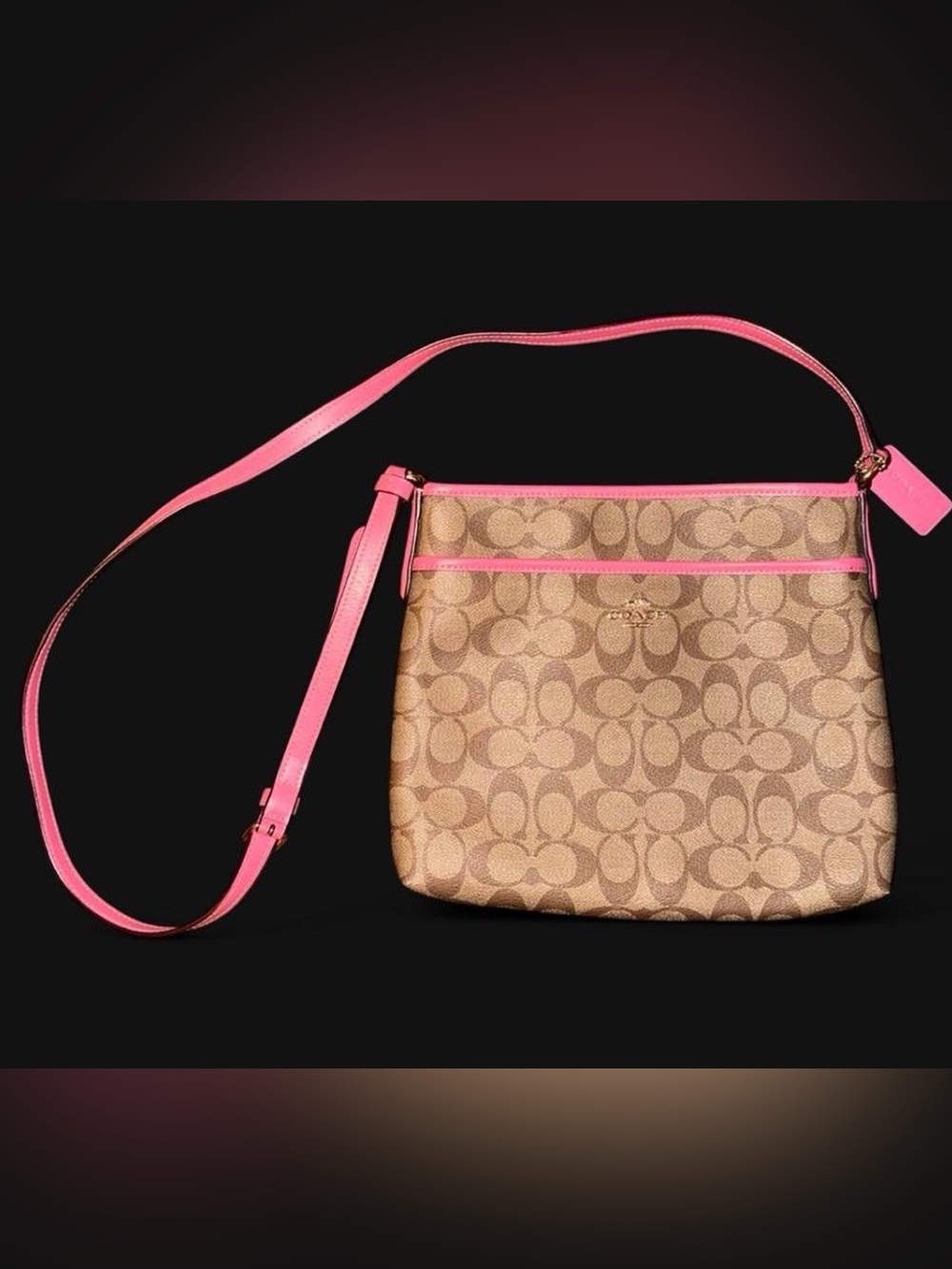 Coach Tan Signature Crossbody with Pink Trim